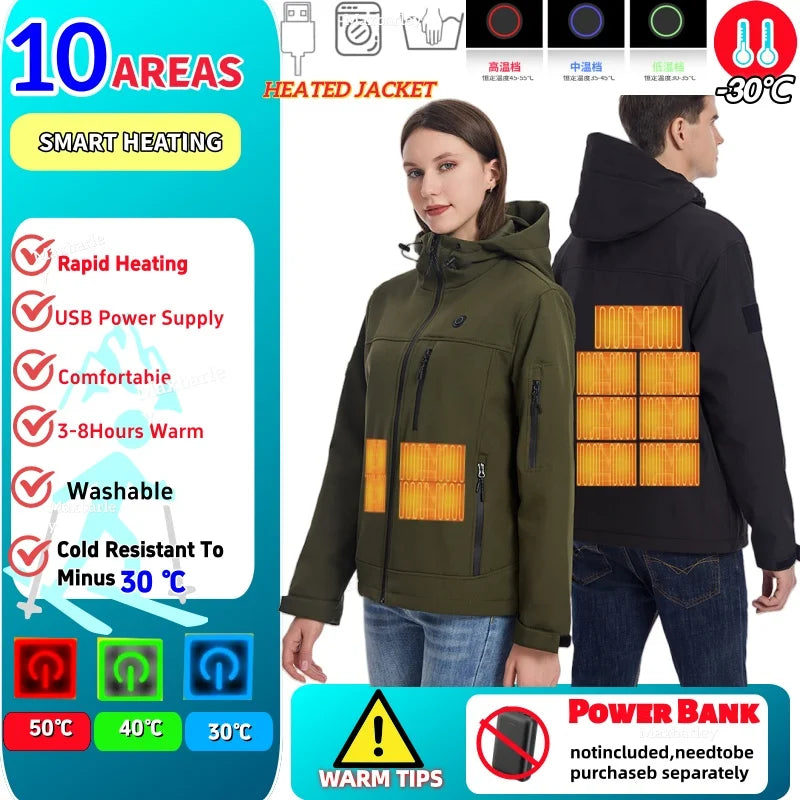 USB Heated Jacket Men Warm Vest 10 Areas Self Heating Windbreaker Women Heated Coat Ski Hunting Winter Working Clothes Washed