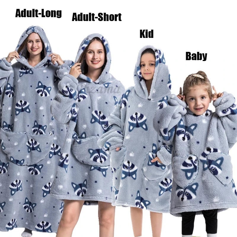 Oversize Winter Sherpa Blanket Plush Polar Fleece Family Matching Hoodie Girl Sweatshirt Homewear Avocado Animal Print Outwear